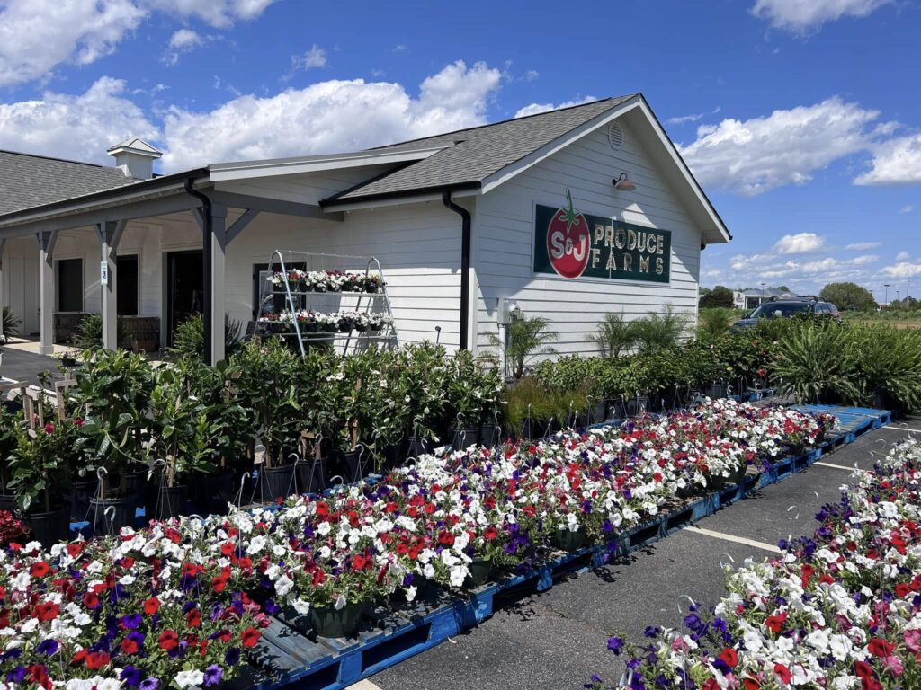 S&J Produce Farms building and flowers